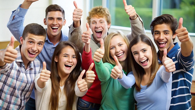 Happy students giving thumbs up